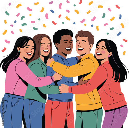best friends forever group people hugging together and pose take portrait inside instant photo paper for happy youth friendship day cartoon doodle style vector illustration