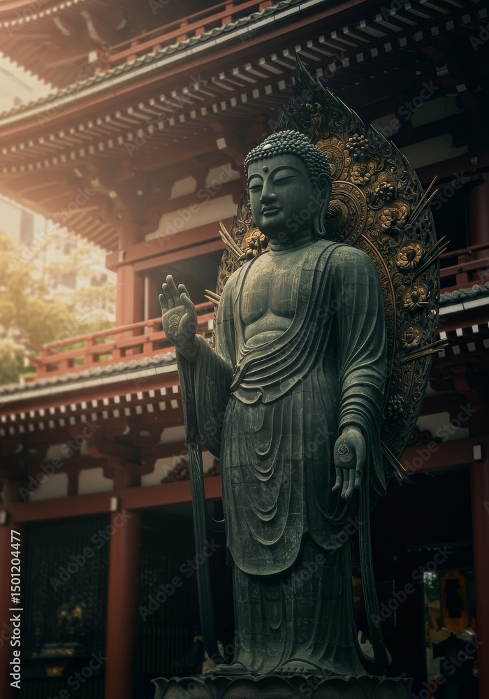Fototapeta premium Bronze Buddha Statue in Front of Temple in Daylight Photo