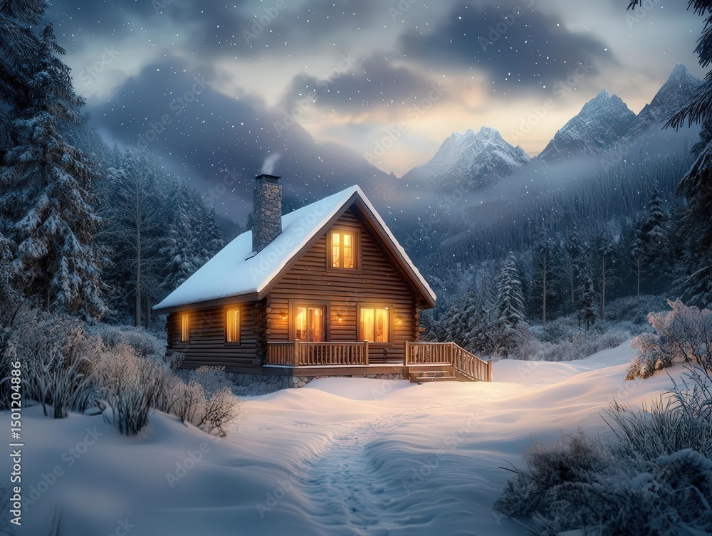 Cozy cabin in snowy landscape with mountains and falling snowflakes. Cozy cabin in snowy landscape with mountains and falling snowflakes.