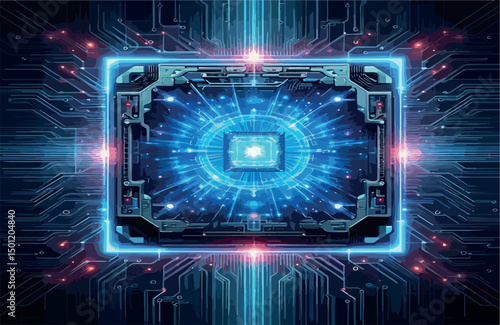 Futuristic quantum technology scene featuring a glowing blue portal emerging from a high-tech circuit motherboard.