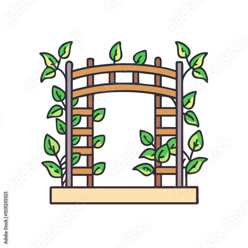 Illustration of a wooden garden trellis covered in green leafy vines