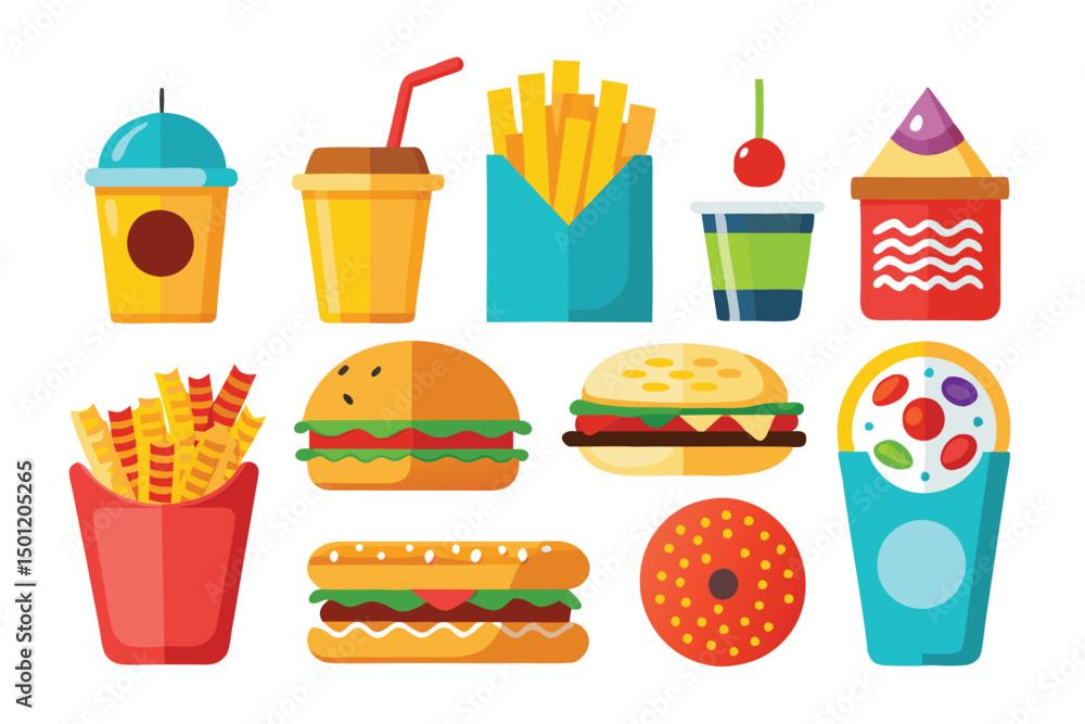 Fast Food Vector icons. Drink, Burger Donut and Ice Cream Cone. Render Realistic Hot Dog and Arabian Vegan Wrap. Fast Meals, Desserts, Pithy Isolated Vector Set. Fast Food Vector icons. Drink, Burger Donut and Ice Cream Cone. Render Realistic Hot Dog and Arabian Vegan Wrap. Fast Meals, Desserts, Pithy Isolated Vector Set.