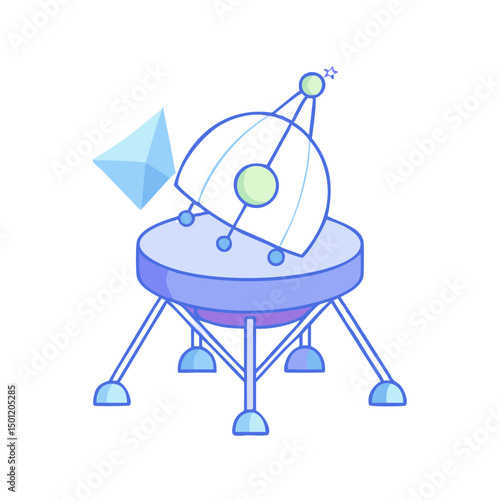 A stylized illustration of a satellite dish with a geometric crystal