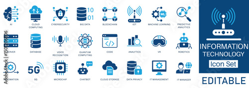 Information Technology icon set. Containing cloud computing, IT manager, big data, data analytics, internet, network security and more. Perfect for tech, software, and digital projects.