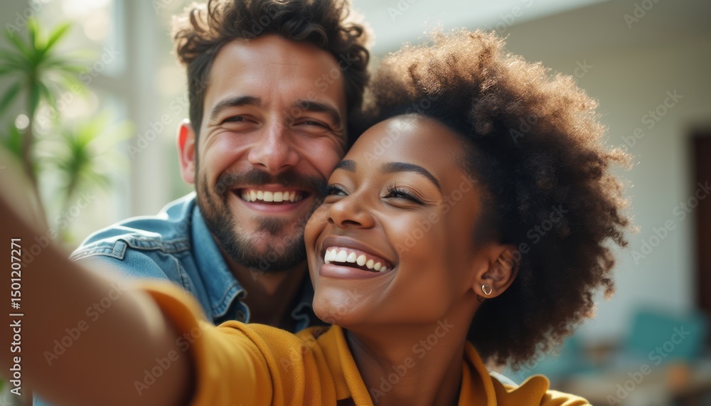 Fototapeta premium Joyful couple taking a selfie in a bright, cozy setting