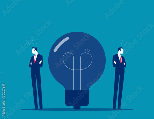 Difference of opinion. Business with partnership turning backs on each other a blown light bulb