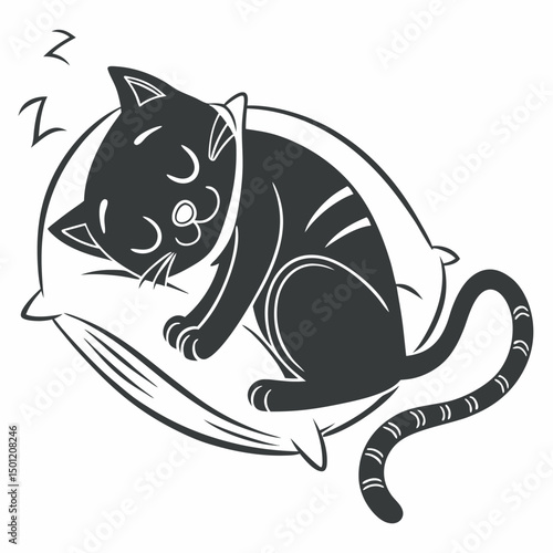 Cartoon black cat sleeping peacefully on a pillow black and white illustration