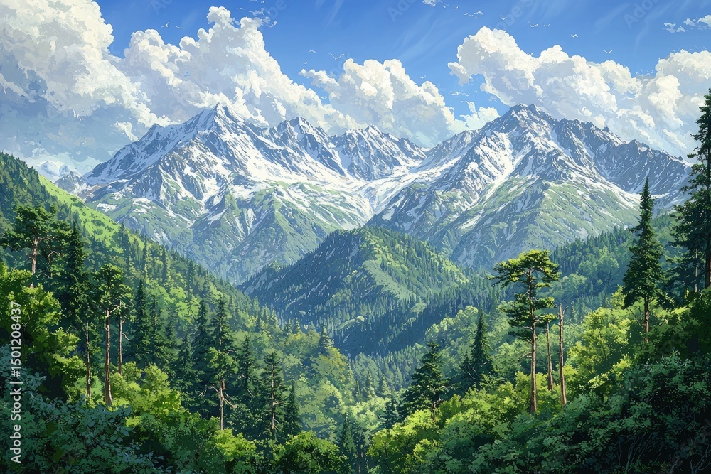 Fototapeta premium Majestic mountain range with lush valley foliage.
