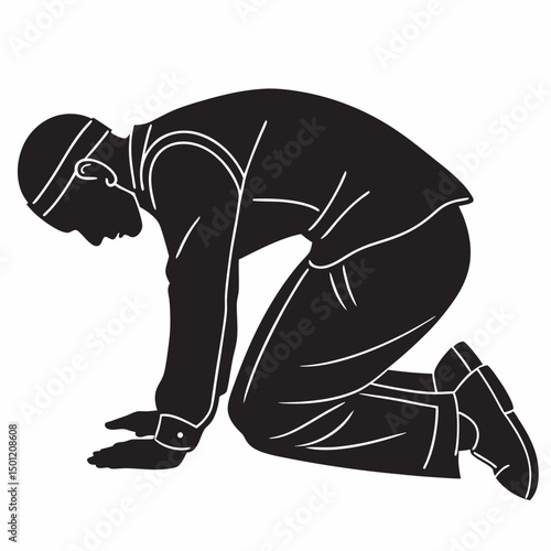 Silhouette of man on knees with hands touching the ground vector