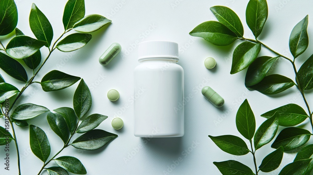 A blank white bottle sits surrounded by green leaves and herbal supplements, evoking natural wellness on a clean, minimalistic backdrop for health promotion. A blank white bottle sits surrounded by green leaves and herbal supplements, evoking natural wellness on a clean, minimalistic backdrop for health promotion.