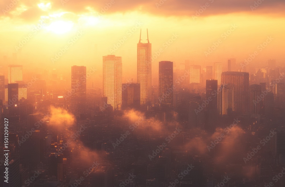 Obraz premium Futuristic Shinjuku skyline glowing under sunrise,