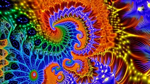 Abstract vibrant fractal art featuring intricate swirling patterns and a mesmerizing blend of rainbow colors, creating a hypnotic visual effect.