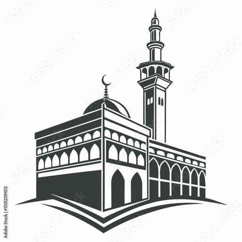 Makkah al haram mosque black and white silhouette illustration vector design