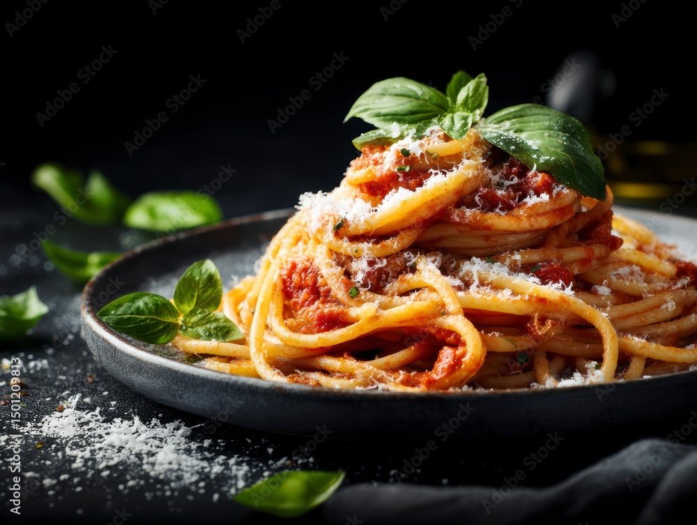 Fototapeta premium Delicious tasty classic Italian spaghetti pasta with tomato sauce, parmesan and basil on a plate on a dark table