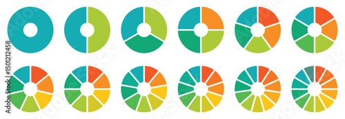 Pie chart color icons. Segment slice sign. 1,2,3,4,5,6,7,8,9,10,11,12 segment infographic. Different color circles isolated. Infographic element round shape. Circle section graph. Vector illustration
