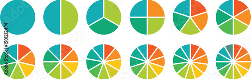 Pie chart color icons. Circle section graph. 1,2,3,4,5,6,7,8,9,10,11,12 segment infographic. Different color circles isolated. Segment slice sign. Infographic element round shape. Vector illustration