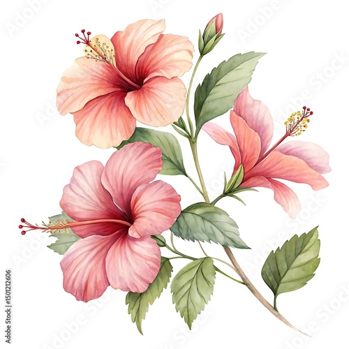 Wallpaper Mural Watercolor Hibiscus Flowers Isolated on White background Torontodigital.ca