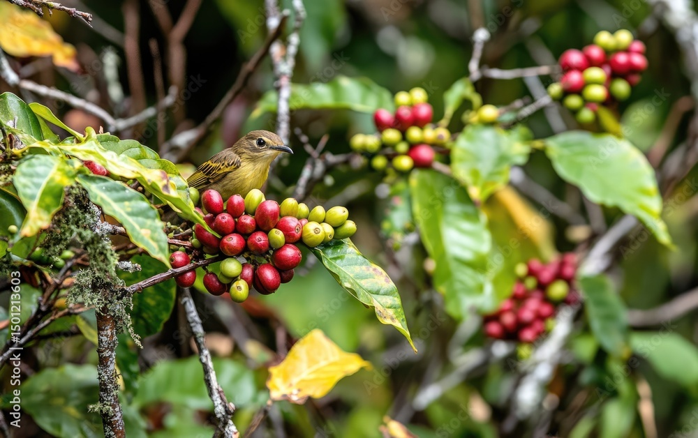Fototapeta premium Small yellow-brown bird on coffee plant