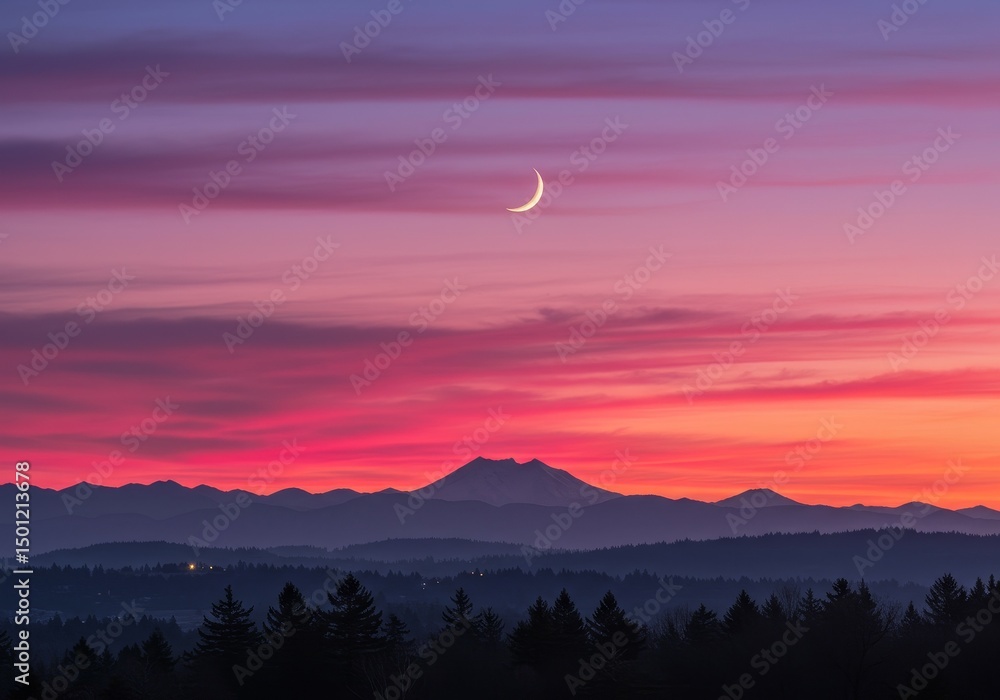 Fototapeta premium Dramatic Sunset With Crescent Moon Over Silhouetted Mountains Photo