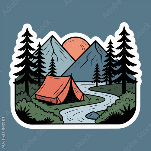 Camping Tent in Mountain Forest with River and Sunset Illustration