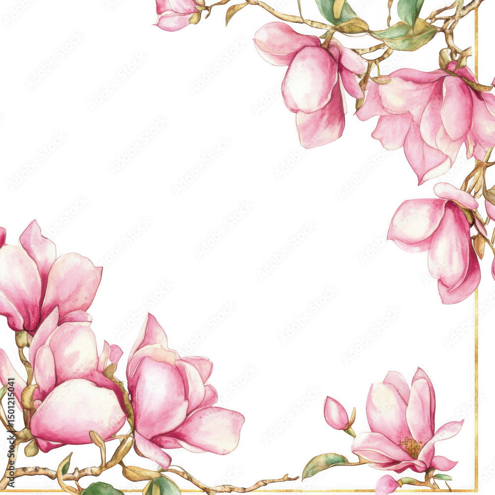 Fototapeta premium Floral frame with pink magnolia isolated on transparent background