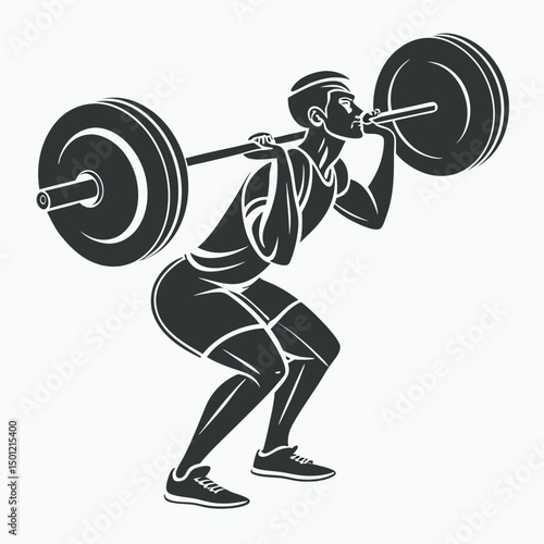 Weightlifter performing a barbell back squat in black and white silhouette