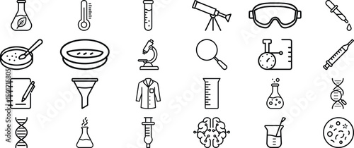 Science Line Icon set. Contains such icons as Planet, Machine Learning, Chemistry, Biology, Medicine, Education, Science vector illustration.