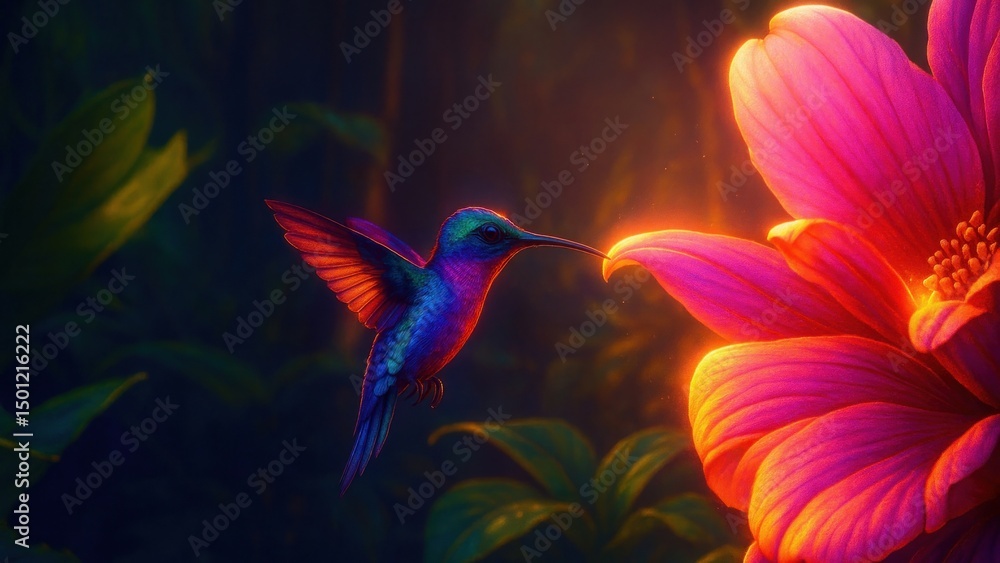Vibrant hummingbird near flower Vibrant hummingbird near flower