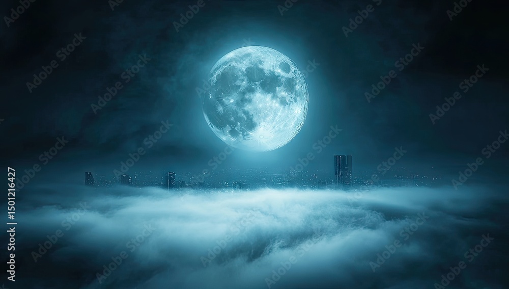 Fototapeta premium Vast city shrouded in mist, moonlit night