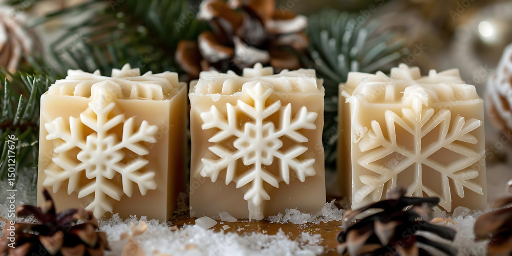 Three Decorative Snowflake Shaped Soaps Arranged on Snowy Surface with Pine Branches and Pinecones
Three Decorative Snowflake Shaped Soaps Arranged on Snowy Surface with Pine Branches and Pinecones