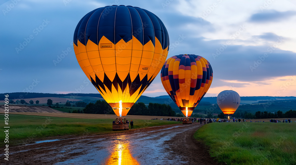Obraz premium Glowing hot air balloons light up a field at dusk
