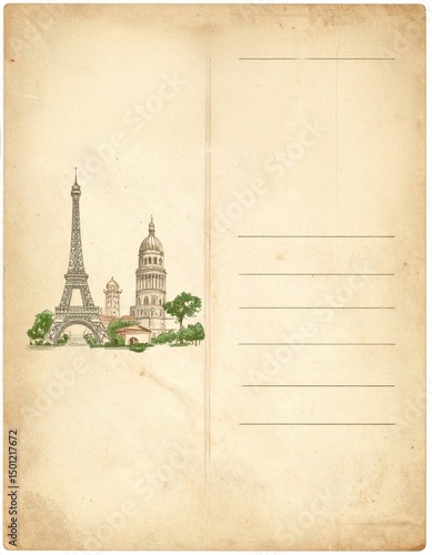 An artistic depiction of the Eiffel Tower and Sacre-Coeur set against a vintage backdrop.