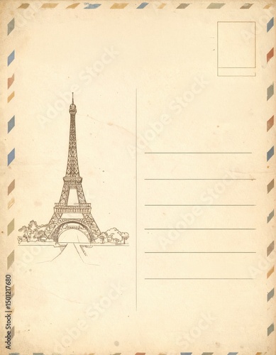 postcard showcases the Eiffel Tower against a nostalgic Paris backdrop.