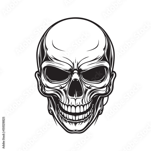 Skull head vector illustration with sharp details and strong artistic style isolated on white background.