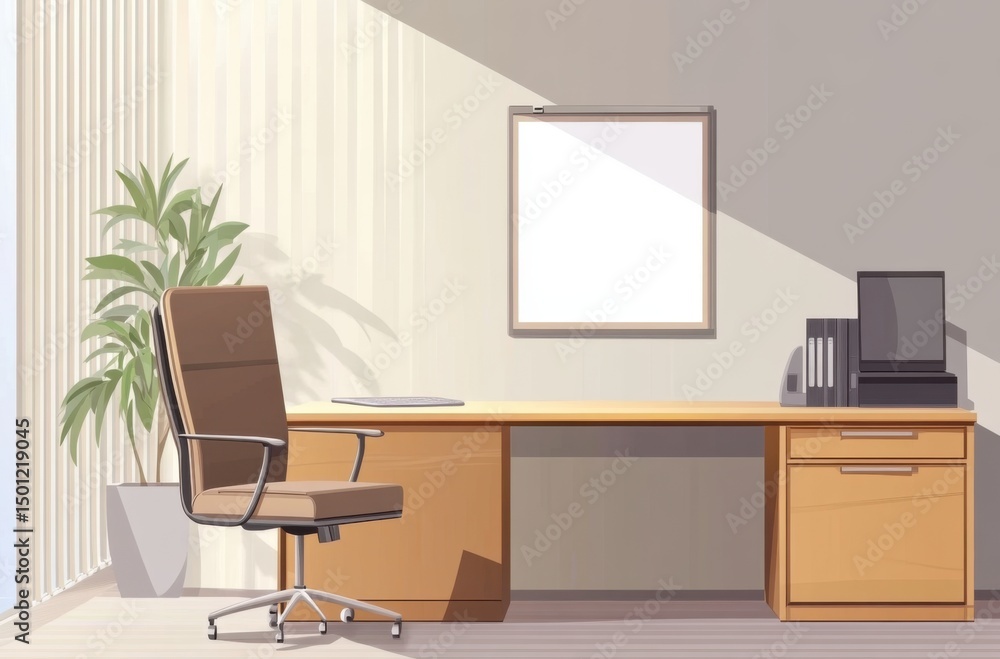 Modern vector office room, vertical slats, natural light, Modern vector office room, vertical slats, natural light,