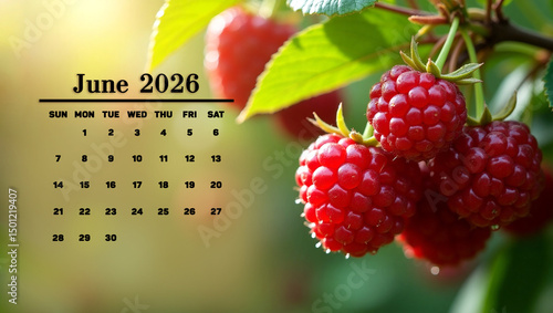June 2026 calendar layout with a vibrant close-up of fresh ripe raspberries in the background.