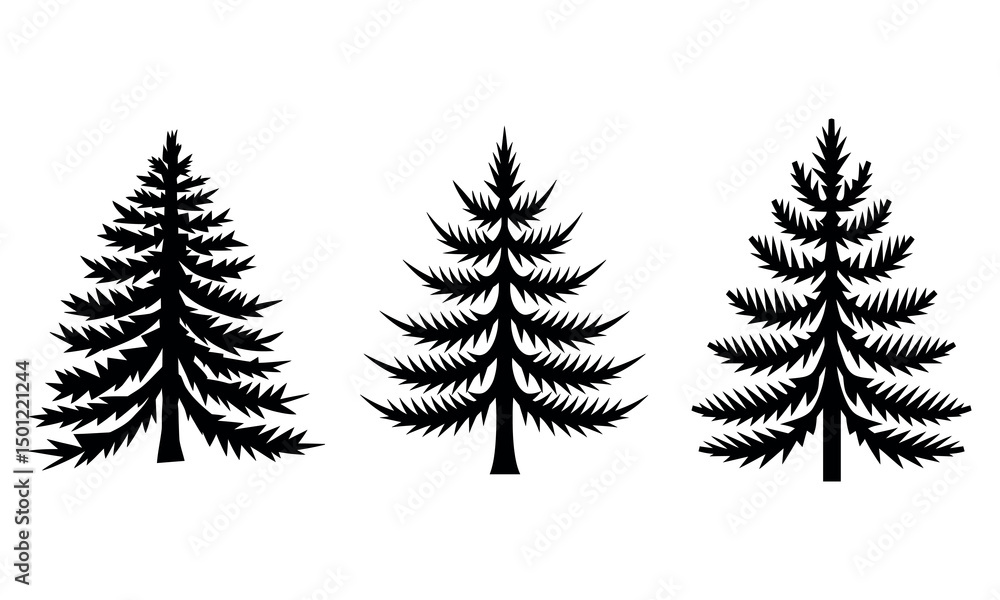 Obraz premium Silhouette Set of Three Different Pine Tree Icons Isolated on White Background