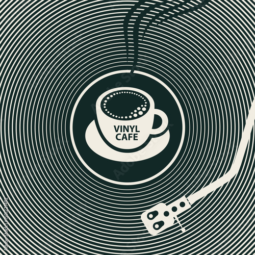Vector banner for vinyl record store or menu for retro music restaurant, cafe with old vinyl record, cup, record player and lettering on light background in vintage style. No ai used