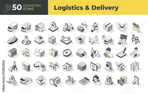 Isometric icon set illustrating logistics, delivery, shipping, packaging, tracking, warehouse, and courier services. Clean linear design ideal for web, apps, and infographics.