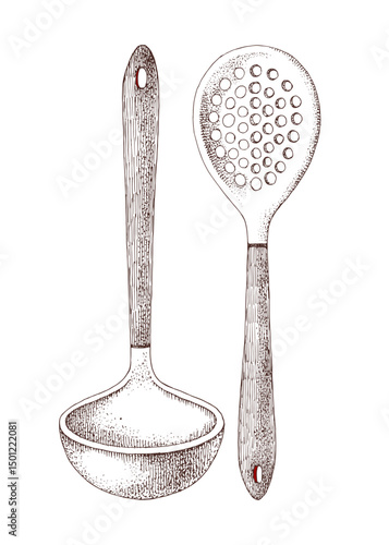 Kitchen utensils ladle and skimmer