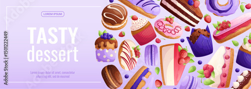Promo banner for a dessert, confectionery, and cooking store. Vector illustration for posters, banners, advertisements, flyers