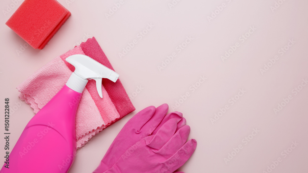 Fototapeta premium Household cleaning and hygiene concept. Pink cleaning supplies including rubber gloves, spray bottle, sponge, microfiber cloths