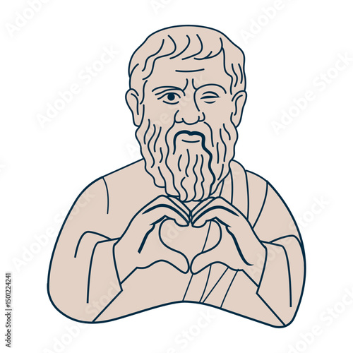 Bust of the philosopher Plato in the original solution. The statue winks and shows a heart with its hands. Original sticker for design. Vector