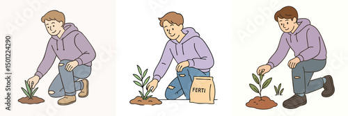 Vector of a teenage boy weeding, wearing a light purple hoodie and ripped jeans