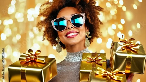 Golden gifts and Gracious Glance: A captivating individual, radiating style and delight, presents a trio of shimmering golden gifts, set against an elegant, artful bokeh background.