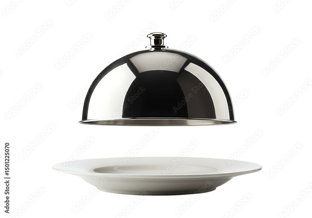 Obraz premium Elegant silver cloche and white plate Isolated on transparent background for culinary presentations