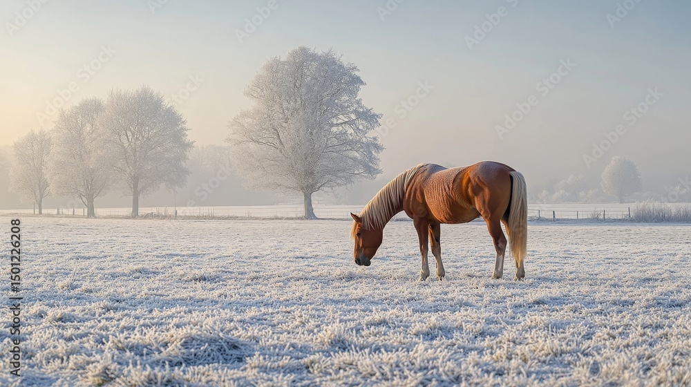 Obraz premium Peaceful winter scene of a horse grazing in a frosty paddock, Generative AI