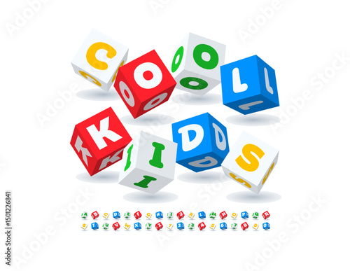 Vector Playful emblem Cool Kids.  Colorful 3D Font. Toy Block Alphabet Letters and Numbers set