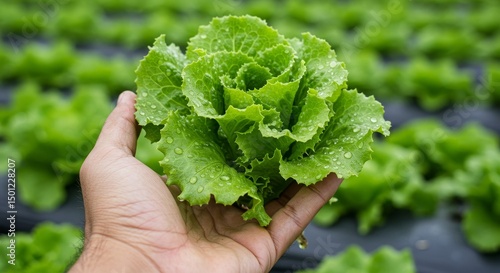 Hand Holding Fresh Green Lettuce Vegetable with Water Drops Photo
