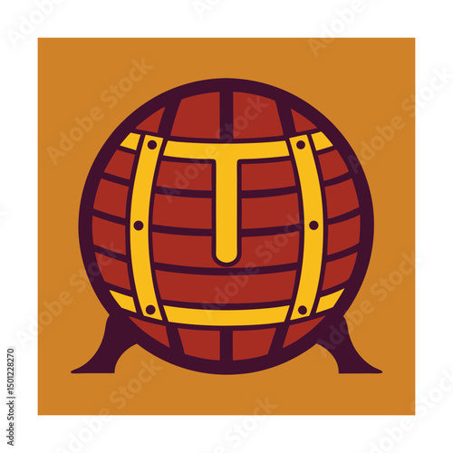 Stylized illustration of a beer barrel or keg with the letter t in the center